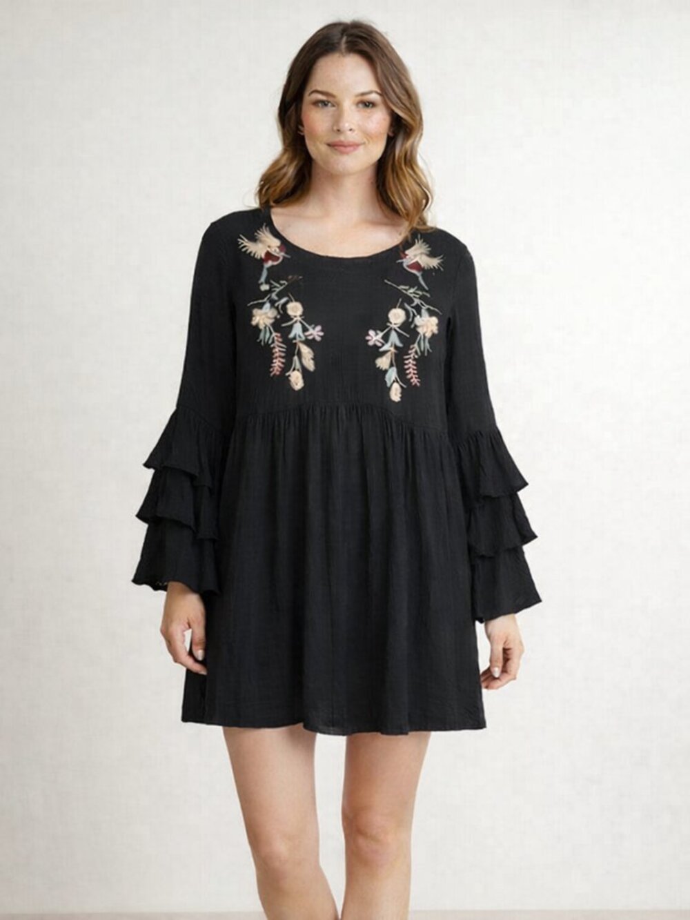 Umgee Womens Embroidered Bird Floral Tunic Dress Size S Black Boho Ruffle Sleeve